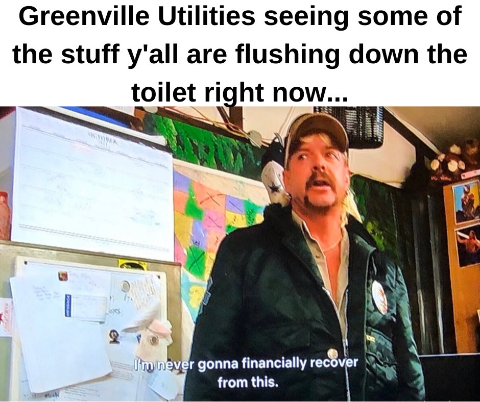GreenvilleNC's tweet photo. @GUC_Info .@GUC_Info seeing some of the stuff y'all flushing down the toilet right now... 👀
#dontflushthat 🚽 #TigerKing 🐅 #localgov https://t.co/eIDpUOPdYA