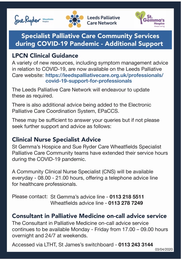 Our COVID-19 support for professionals page is now live, including agreed Symptom Management Guidance for Leeds. Please share! leedspalliativecare.org.uk/professionals/…