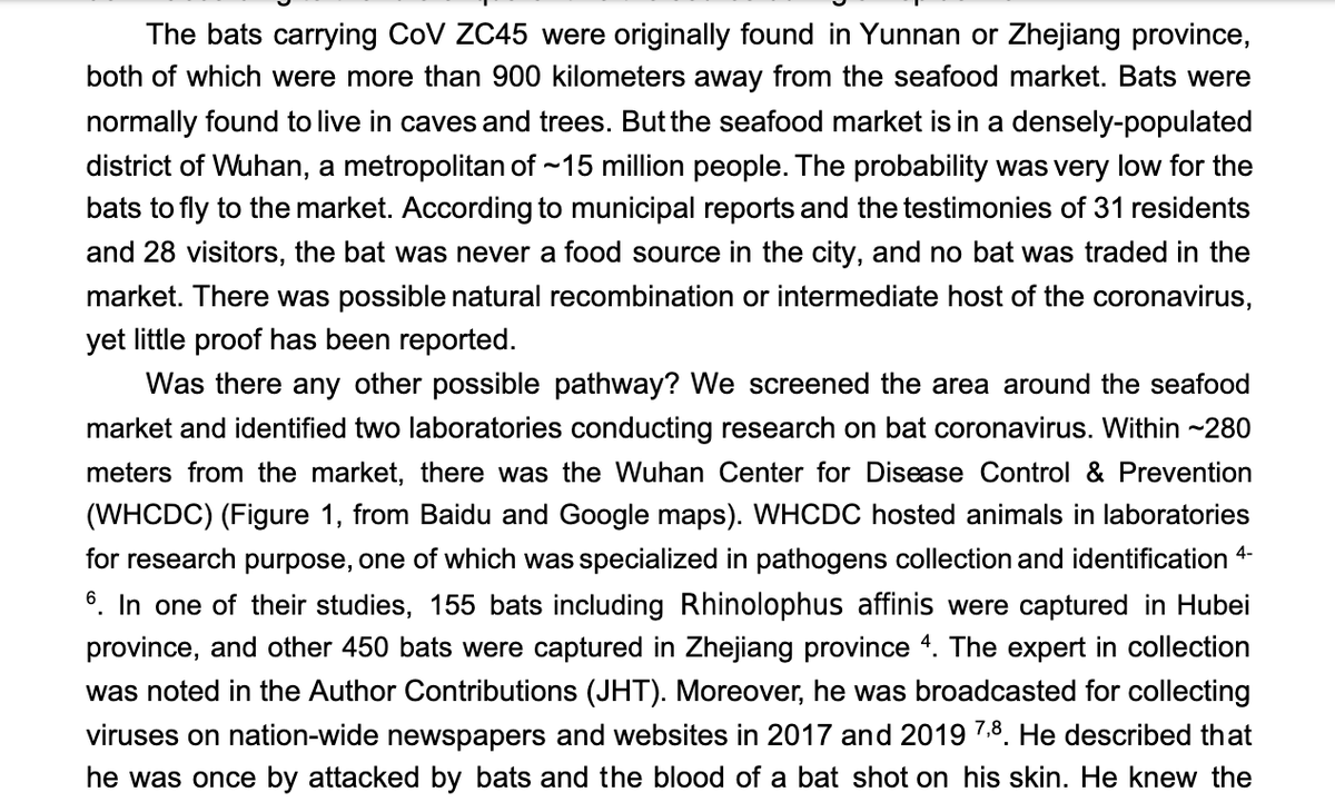 The first conclusion of Botao Xiao’s paper is that the bats suspected of carrying the virus are extremely unlikely to be found naturally in the city, and despite the stories of “bat soup,” they conclude that bats were not sold at the market.  https://bit.ly/39GzJif 