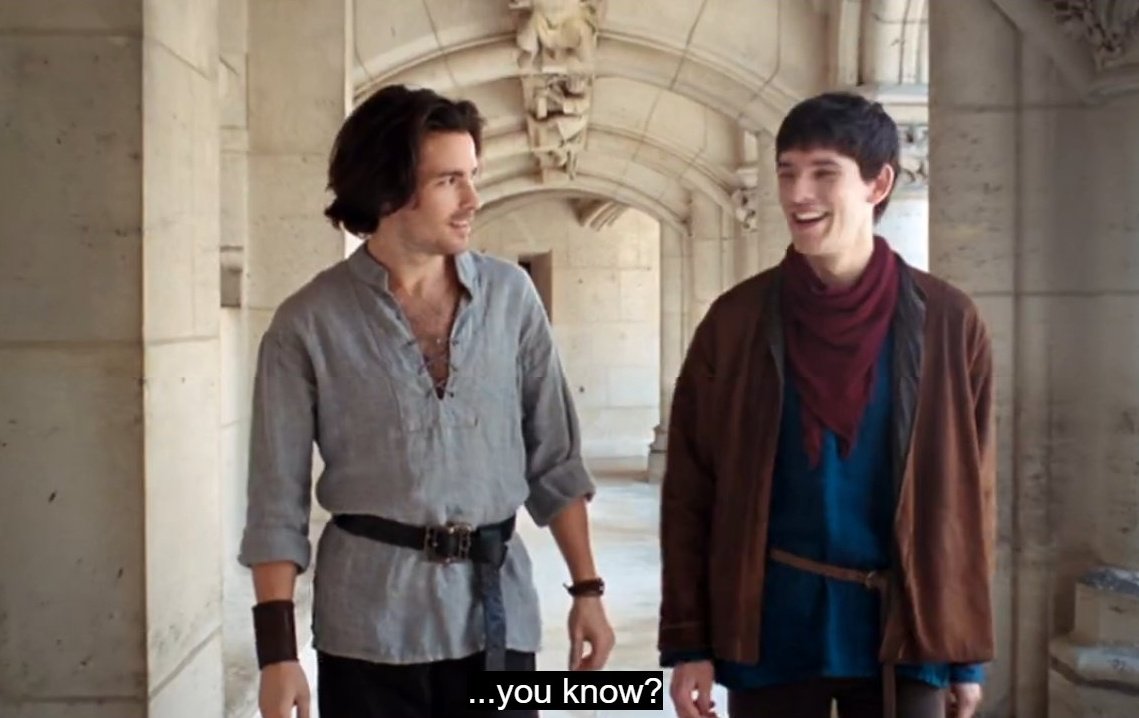 why, yes, lancelot dear, gwen and merlin are both very gay we know it. anD WHAT'S WITH THE HAND GESTURE??? SHSJSKAK