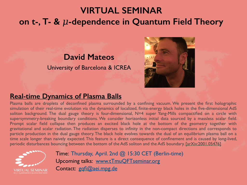 HellerInTheory's tweet image. Last week we had an enlightening #tTmuQFT #Physics virtual seminar by @ICC_UB&apos;s David Mateos, who told us about dynamics of Plasma Balls in #AdSCFT. This is the first #Holographic simulation of their real-time evolution! Check it out here:[youtu.be/kp0wLNTJQxo] #GQFI #Quantum