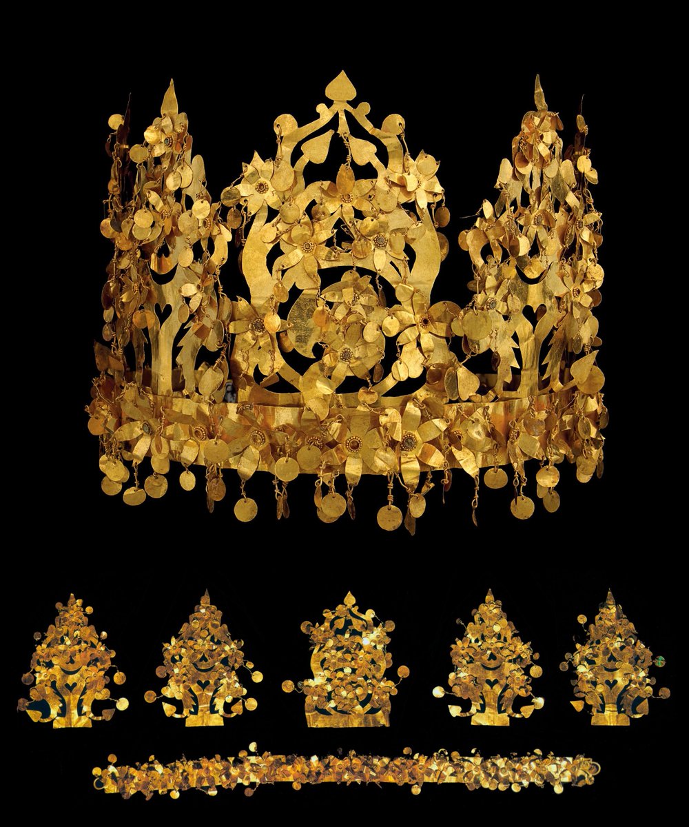 Using chained leaves of cut gold foil to represent lush trees also has a long tradition in nomadic art - like in the crown from Tomb 6 at Tillya Tepe in Afghanistan, dated to the 1st C. BCE-1st C. CE and assumed to have belonged to a shamaness. 6/11