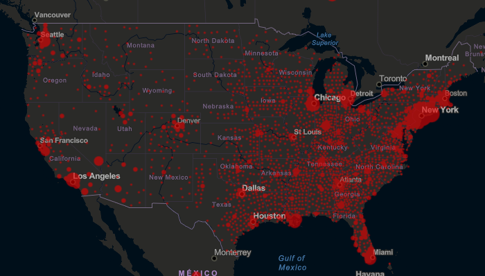 1. A tale of 2  #COVID19 case maps:Left: Shows total cases (bigger circles, more cases)  https://www.arcgis.com/apps/opsdashboard/index.html#/bda7594740fd40299423467b48e9ecf6Right: Shows cases per 10,000 residents. Much easier to see very concerning  #rural outbreaks in ID, LA, CO, ID https://geodacenter.github.io/covid/map.html# thread