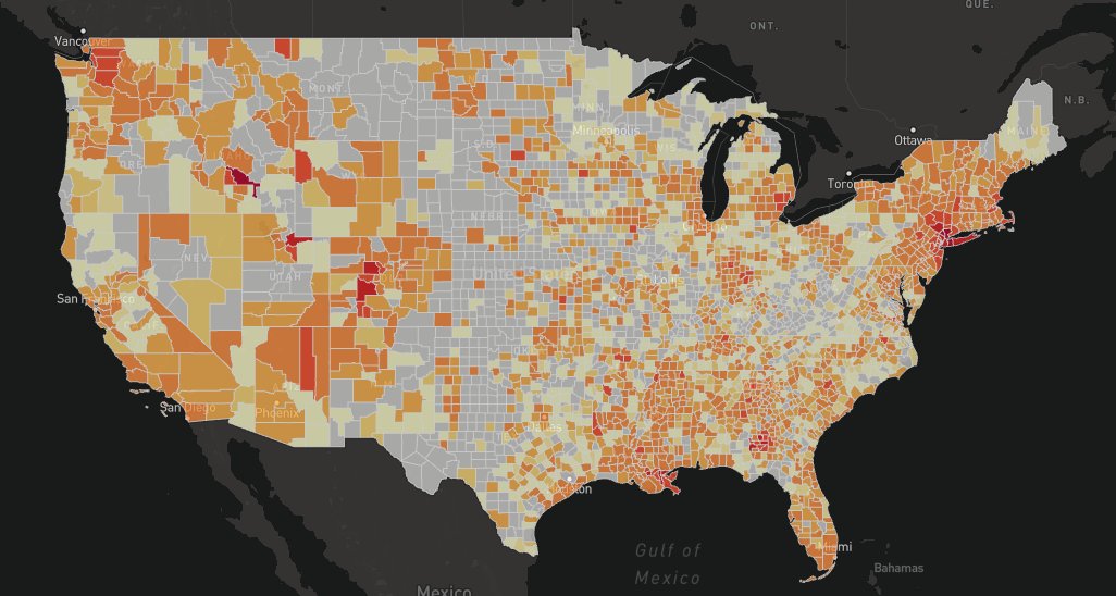 1. A tale of 2  #COVID19 case maps:Left: Shows total cases (bigger circles, more cases)  https://www.arcgis.com/apps/opsdashboard/index.html#/bda7594740fd40299423467b48e9ecf6Right: Shows cases per 10,000 residents. Much easier to see very concerning  #rural outbreaks in ID, LA, CO, ID https://geodacenter.github.io/covid/map.html# thread