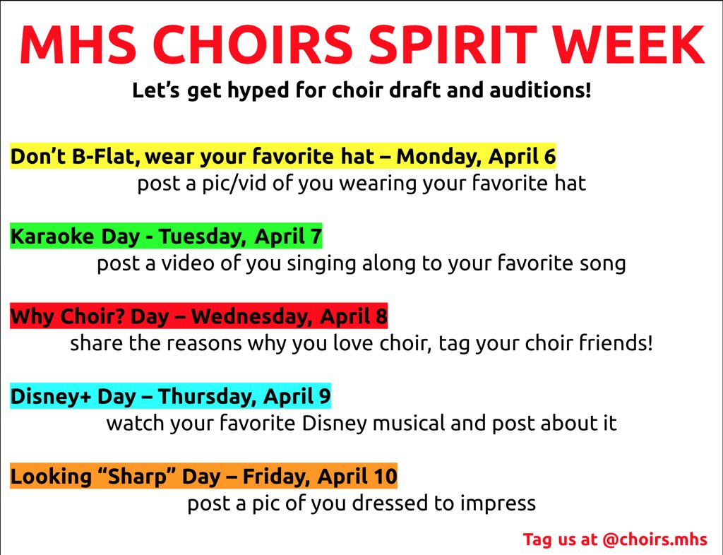 Have you ever thought about joining choir but weren’t sure how?
 
1. Participate in our choir spirit week next week - open to everyone!
2. Talk to a choir member and ask what it’s like
3. Email Mr. Layton for info on how to join/audition

Tag us on social media and get hyped!
