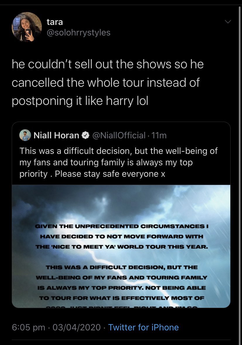 . @solohrrystyles since you're serving "tweets not loading" energy, you should know that canceling tour gives fans their money back so they can afford to get through the difficult times the virus has brought.... now you look like a clown and a horrible person