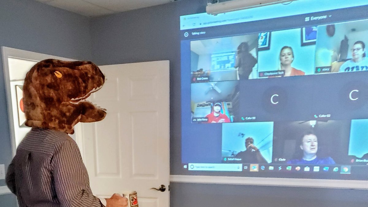 BobCrews_CPTech's tweet image. Today&apos;s virtual team meeting moderated by Mr. T-Rex.  Keeping it light during these serious, crazy times.  It&apos;s great to have an amazing team!  Stay safe everyone! #MakeTestingFun #Checkpointech