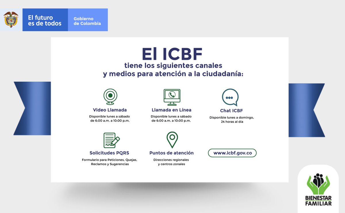 ICBFColombia's tweet photo. Si tienes solicitudes, quejas, reclamos o denuncias, puedes realizarlas a través de nuestros canales de atención a la ciudadanía. Encuéntralos aquí: https://t.co/mRRAxOr6GZ https://t.co/xgAXBfndOR