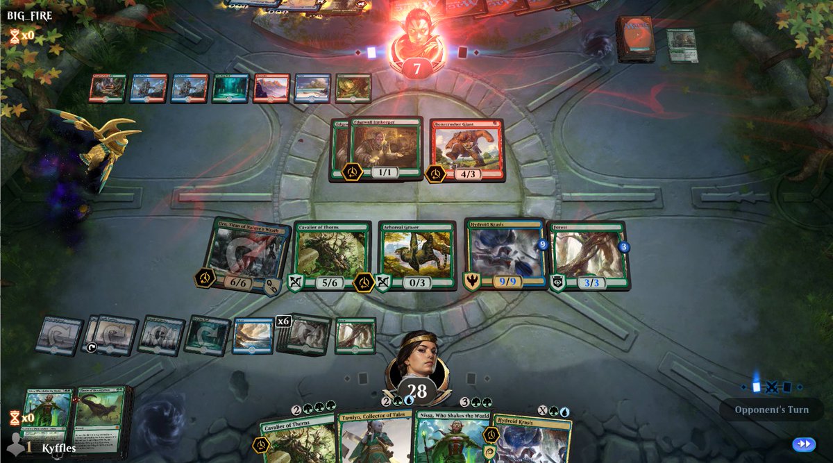 kyffles's tweet photo. Today for #FNMAtHome All Access I tried @MrFhrnheit's Simic ramp deck I don't have the wildcards to actually make. 😄Many people conceded while I faffed around making more lands and drawing more cards. Really fun deck! Thanks to @SneakAttackUK for more lovely sleeves. #MTGA https://t.co/isK1m3NJCS