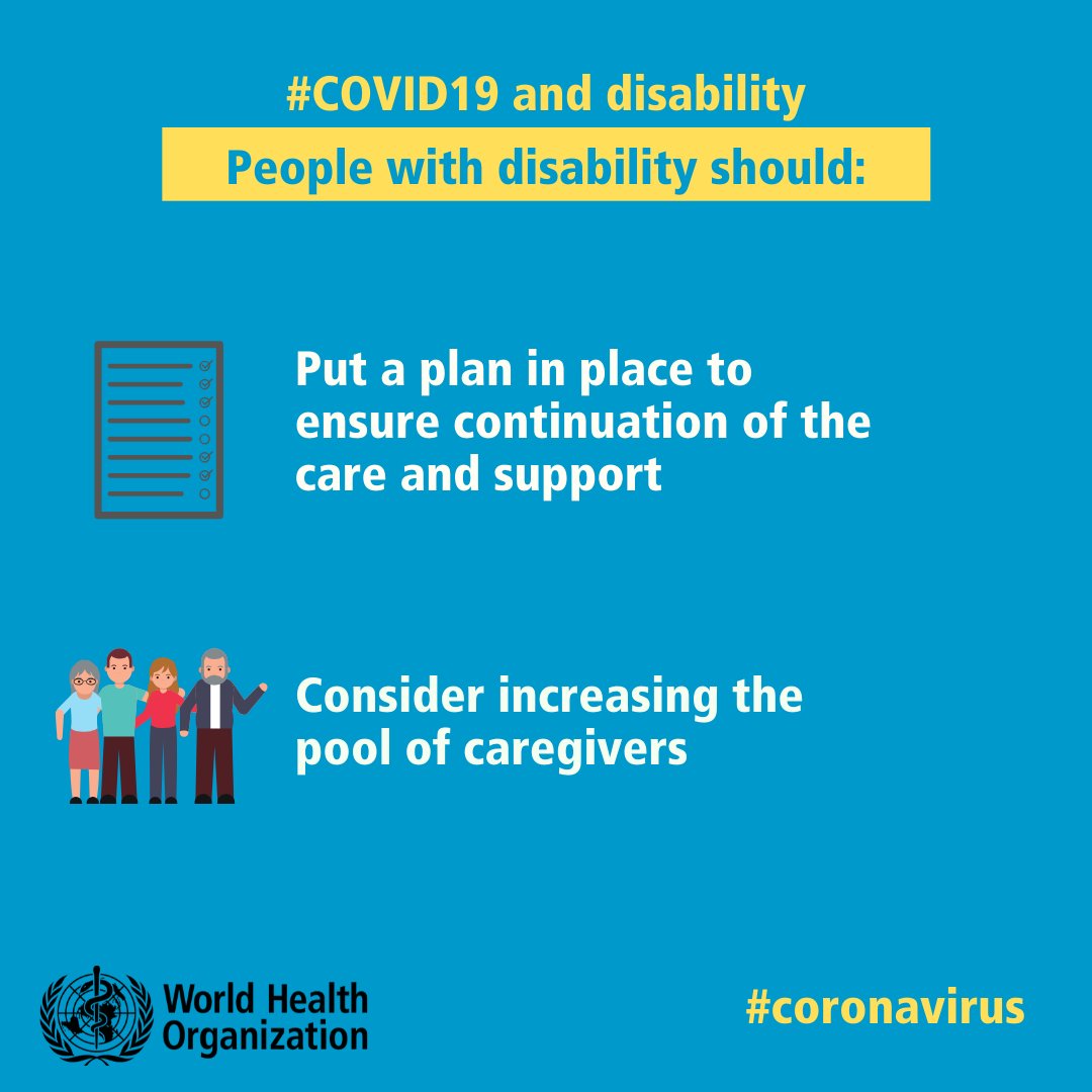 During  #COVID19 people with  #disability should put a plan in place to ensure continuation of the care and support they need, including considering increasing the pool of caregivers they can call upon  https://bit.ly/33ZDtKo  #coronavirus