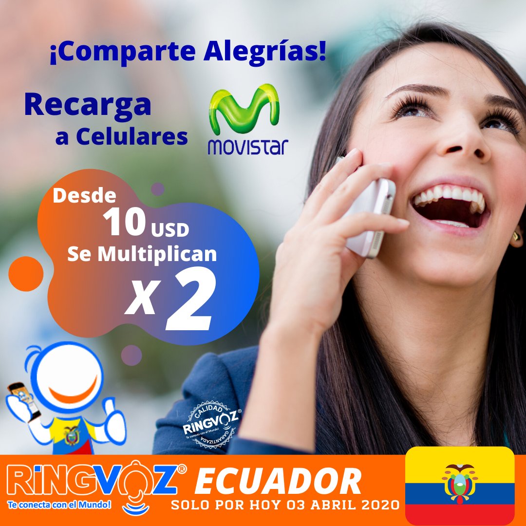 RingVoz's tweet photo. ¡Más Sorpresas, Solo por HOY! DUPLICA el saldo que le envías a los tuyos en #Ecuador Recargando en #RINGVOZ Celulares #Movistar desde $10 USD https://t.co/VYVp3FqOuw Aprovecha Ya, Llámanos al 📲7865331119.
También puedes recargar por nuestro WhatsApp Automático: 7863286738. https://t.co/uvNd5qwwGH