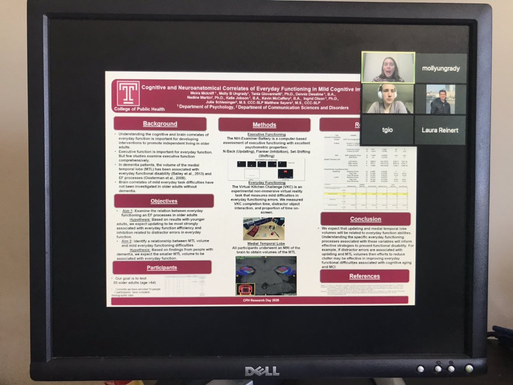 TUcogneuropsych's tweet photo. Senior undergrad, Moira McKniff, is presenting her poster on the cognitive and brain correlates of everyday functioning at @TempleCPH ‘s Research Day! Her presentation is impressive, as is the entirely #virtual conference with > 100 posters! #GioLab #videoconference @TempleUniv https://t.co/LNnc2dOUgH
