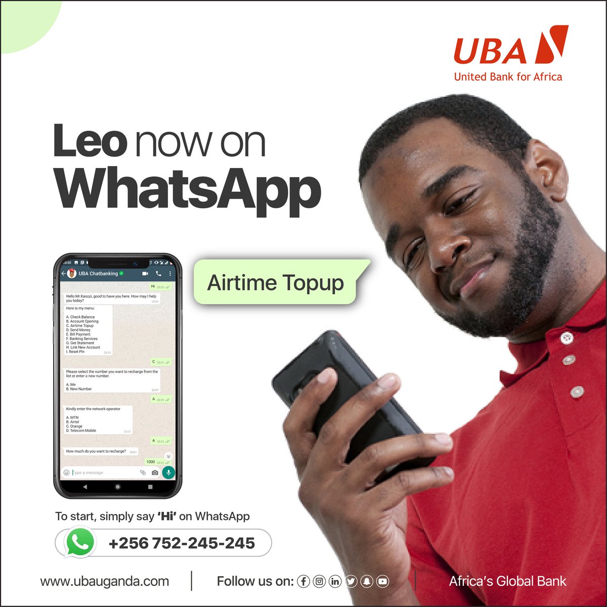 UBAUganda's tweet photo. Load airtime to your phone without leaving your home. Text Leo on +256752 245245 and select option C. Bank from home. It's safer!
#WeAreInThisTogether #TakeResponsibility #LeoIsOnWhatsApp #LeoChatBot #STAYSAFEUG https://t.co/seBbM6nCY9