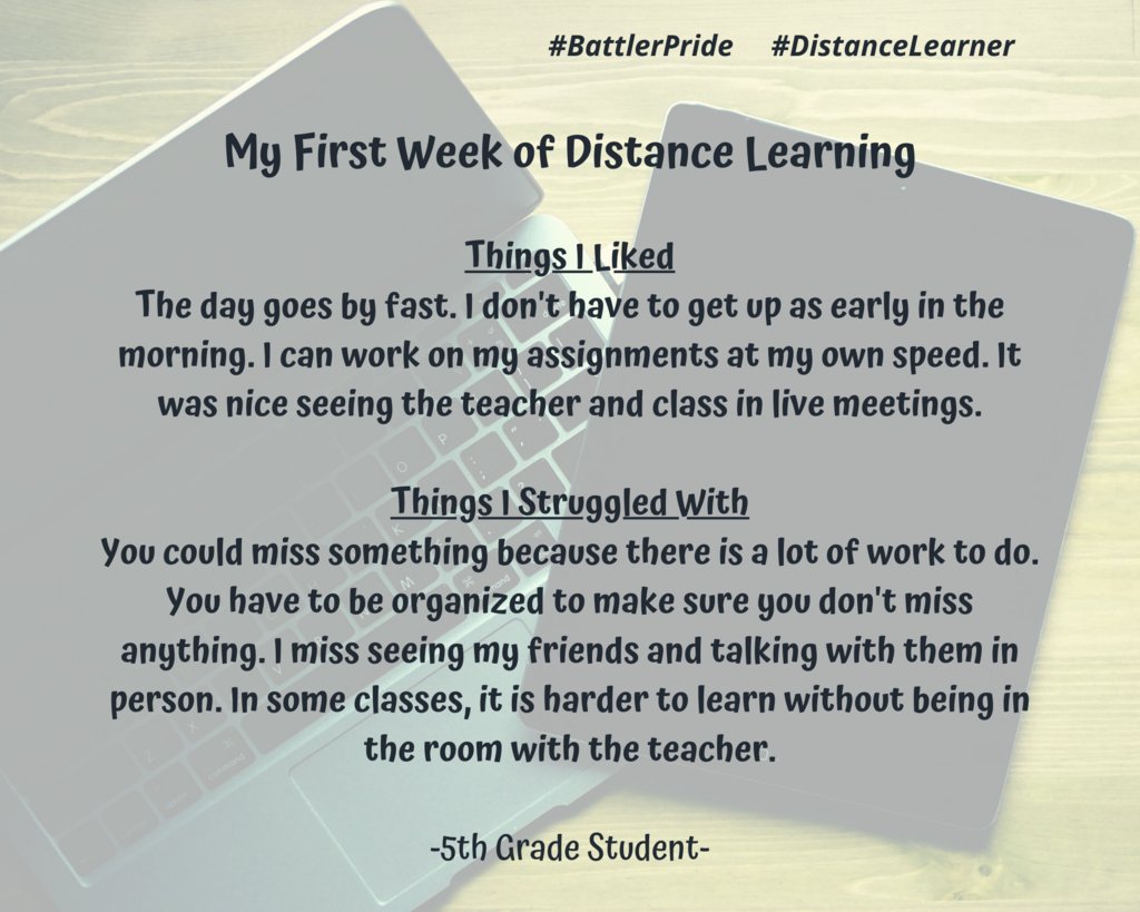 BLSchools's tweet photo. Take a look at what the first week of Distance Learning looked like from the perspective of a 5th grader! Share your experience too. #BattlerPride #DistanceLearner https://t.co/8Z53MwMi6I