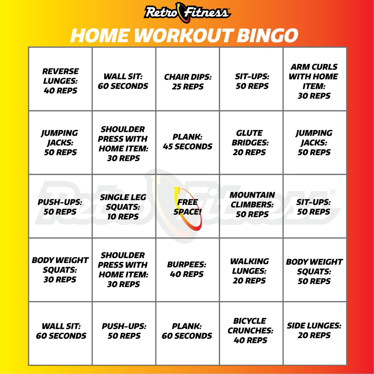 MoorestownRF's tweet photo. It's #Friday and time for some #HomeWorkoutBingo! You could win FREE Retro gear.

1. Screenshot the image
2. "X" out the workouts you complete 
3. Tag us in your post with your bingo board

Winners will be randomly selected. Board is valid through 4/9. #NoGymNoProblem #GETREAL https://t.co/OwRNKEqK98