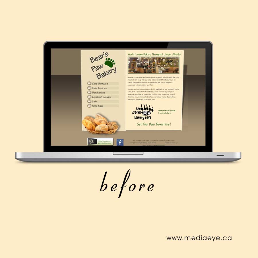 mediaeye's tweet photo. Before & after web design. One of my favorite website designs! @bearspawbakery in Jasper Alberta. Definitely makes your mouth water! Yum 😋 🍩☕️ #yycwebdesign #calgarywebdesign #yycbusiness #calgarysmallbusiness #supportlocalbusiness https://t.co/JPiKFnXI3C