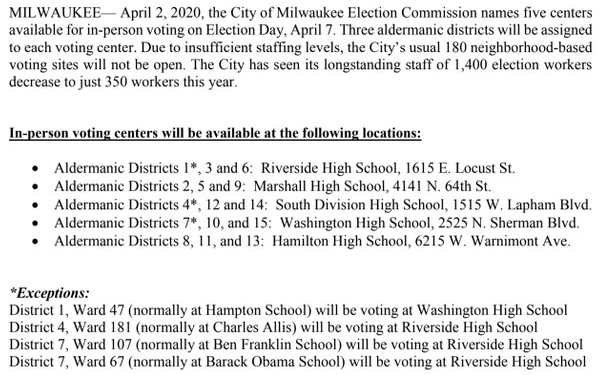 As I reported yesterday, Milwaukee will have only 5 voting locations for 4/7 election, down from 180That's 5 polling places for city of 600,000City has only been able to recruit 350 election workers instead of usual 1,400It's insane this election hasn't been delayed