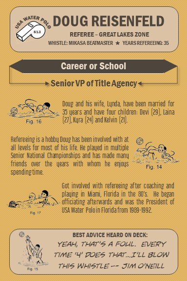 Referee Profile of the Day:  Doug Reisenfeld is a referee in the Great Lakes Zone. He has been active in the water polo community for over 40 years.  <a href="/USAWP/">USA Water Polo</a> #USWAPRefereeBaseballCards