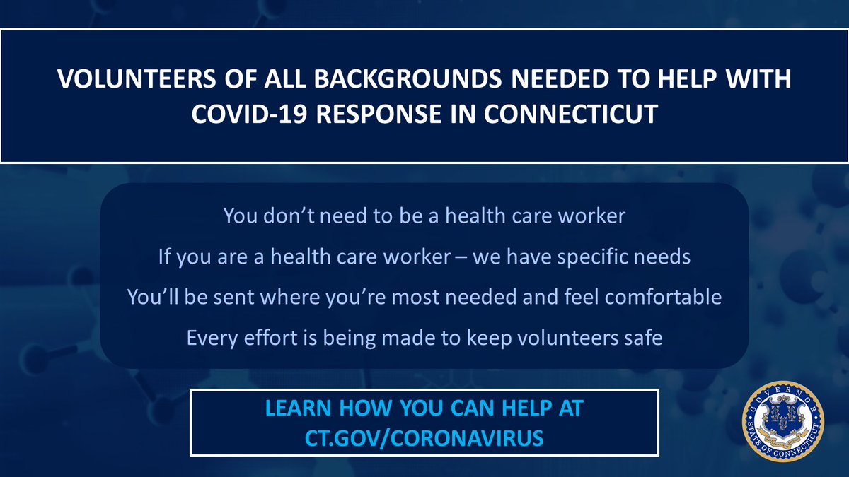 GovNedLamont's tweet photo. Last week, we put out a call seeking volunteers among those with health care experience.

Now, we're asking the general public to get involved. Providers across Connecticut are seeking help from generous people needed for many other services.

Learn how: https://t.co/iBIxLyMWMI https://t.co/AROxvFGv2H