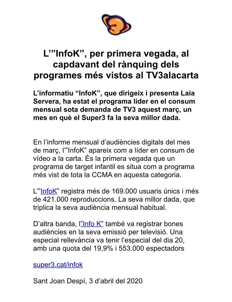 Mai abans, un programa infantil havia liderat el rànquing. Te molt mèrit. El mèrit de milers de nenes i nens q trien estar informats i no només entretenir-se, com sovint pensem els adults. Aquests informatius no sobreviuen a tot arreu. I aquí en tenim 1 amb 20 anys d’hª. GRÀCIES!