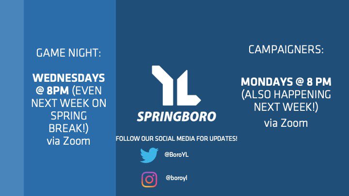 BoroYL's tweet photo. Recap of stuff going on 👇 we’ll get through this! Join us virtually on either of these nights (or both!) for the next however long!! #BoroYL #wemissyouguys https://t.co/bURkgRslzI
