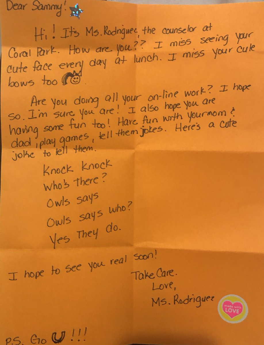 Today my daughter received mail from @CPEcounselor not only was she thrilled but she loved the joke &amp; the stickers! Thank you for the personal connection between #school and #home 🥰 <a href="/CoralParkElemS/">Coral Park Elem</a> <a href="/StdtSvcsMDCPS/">Student Services</a> <a href="/MDCPS/">Miami-Dade Schools</a> @MiamiSup <a href="/AileenVega123/">Dr. Aileen Vega</a>