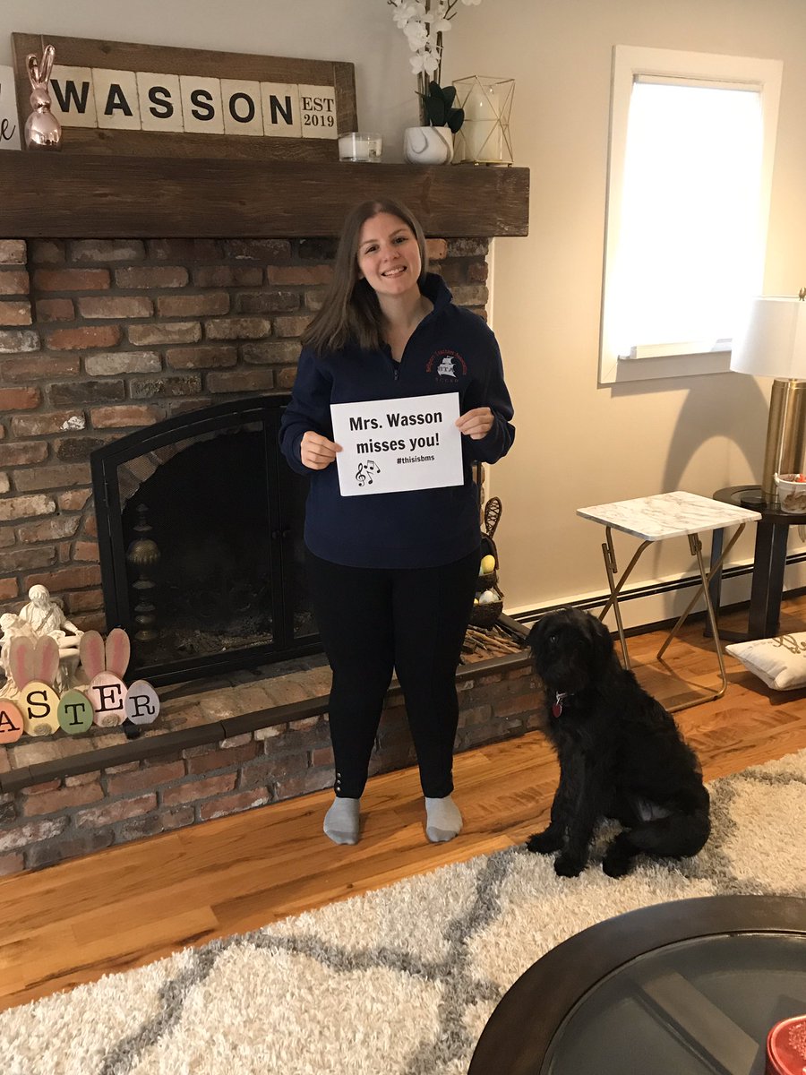 awassonmusic's tweet photo. Roxy just had to get in the picture! Missing my @BellportMiddle family! Fingers crossed that everyone is safe and I get to see you soon! #thisisbms https://t.co/BeuhXwrXw2