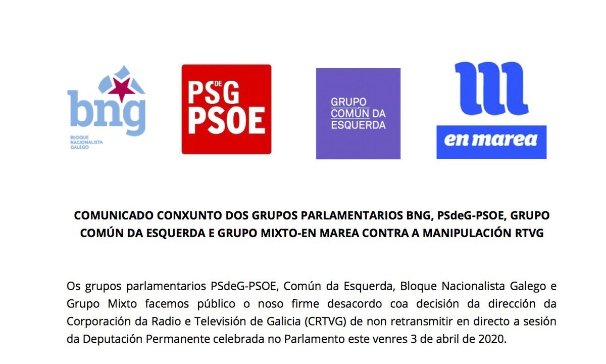 prazapublica's tweet photo. 📄 DOCUMENTO | Os catro grupos da oposición difunden un comunicado conxunto para denunciar a "utilización partidista da CRTVG como canle de publicidade e propaganda ao servizo do Executivo de Feijóo e do PP" https://t.co/EPQNUKrNY9 https://t.co/AoOxAN2SyO