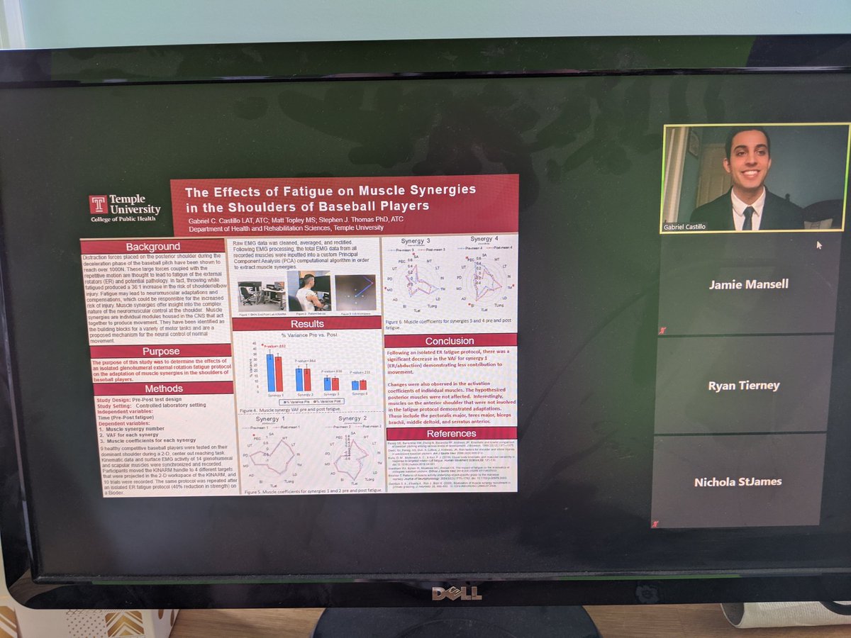TempleATP's tweet photo. Second year #TempleMSK student Gabe Castillo discusses his research on #muscle synergies in #BaseBall players @templecph research day #ApartNotAlone @shoulder_nerd https://t.co/et0Ck387MN