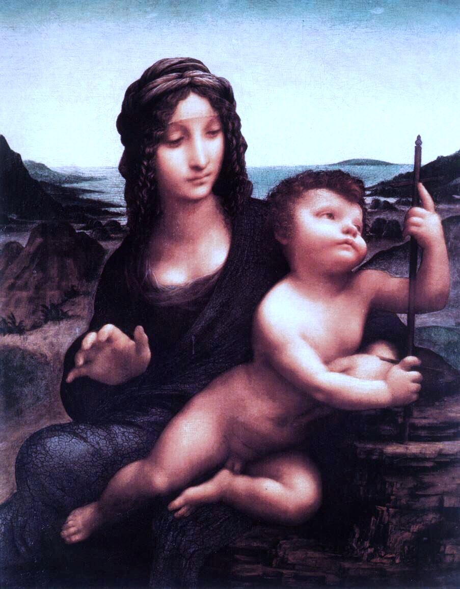 In 1503 he created a preliminary study (a cartoon) for the Battle of Anghiari for the city hall in Florence. It was not used. Isabella d’Este (1500), Salvator Mundi (attributed, c1500) & Madonna of the Yardwinder (attributed, 1501)