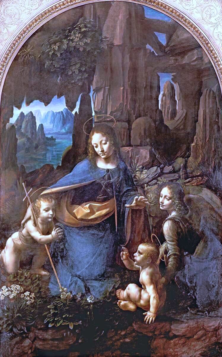 He was in Milan from 1482-99. There he was commissioned to paint the astounding Virgin of the Rocks. There are two versions, by him, one in the Louvre (1483-6) & one in the National Gallery, London (1495-1508). The Louvre has a pointing angel which he removed in the 2nd work