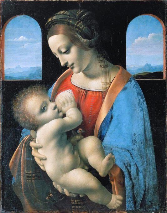 I think his Madonna Litta is his finest mother & child. It is the exaltation of love & serenity at a spiritual level. Madonna Litta (1490) with detail & original study for the Virgin. Some think the work may have been finished, or painted in part, by his student Boltraffio