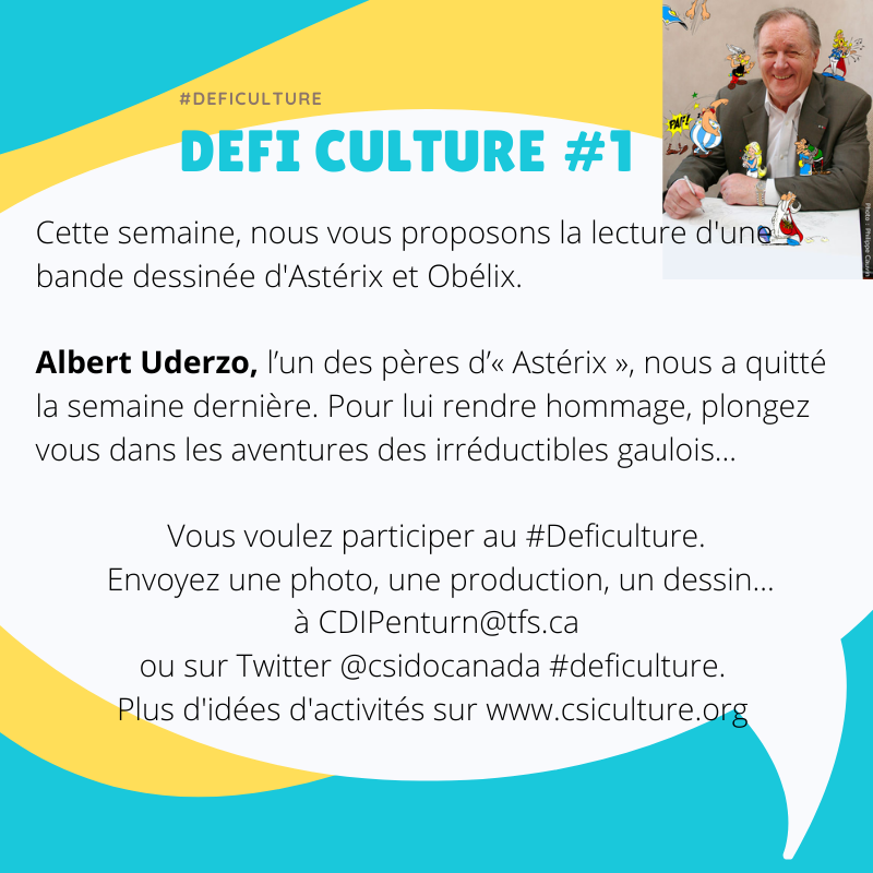 csiculture's tweet photo. Vous êtes sans doute bien occupés à la maison, mais pour vous évader un petit peu, nous vous proposons de rejoindre nos Défis Culture toutes les semaines. Venez découvrir le #DéfiCulture 1 Spécial #Astérix en hommage à #Uderzo https://t.co/4gi3117s0o https://t.co/Q6WS1dEcqU