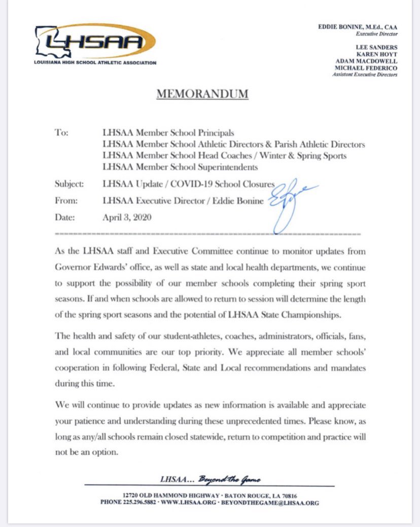 GeauxPrepsLA's tweet photo. Update from @LHSAA regarding spring sports competition. https://t.co/RnRcGy6aI2