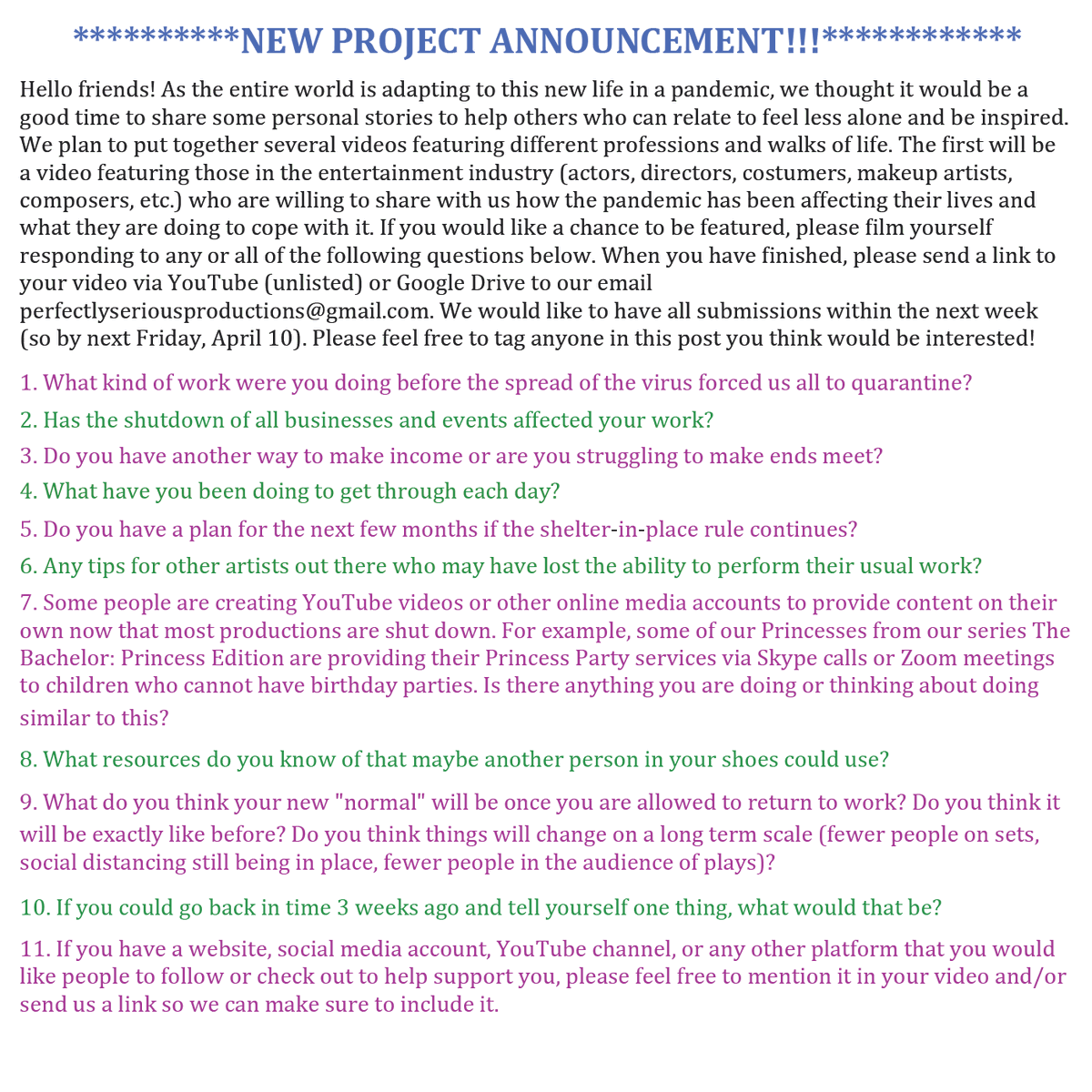 Please read image below to submit to our new video project!
#coronavirus #COVID19Pandemic #COVID19 #quarantine #CoronaVirusUpdate #mycovidstory #MyPandemicSurvivalPlan #ActorsInIsolation