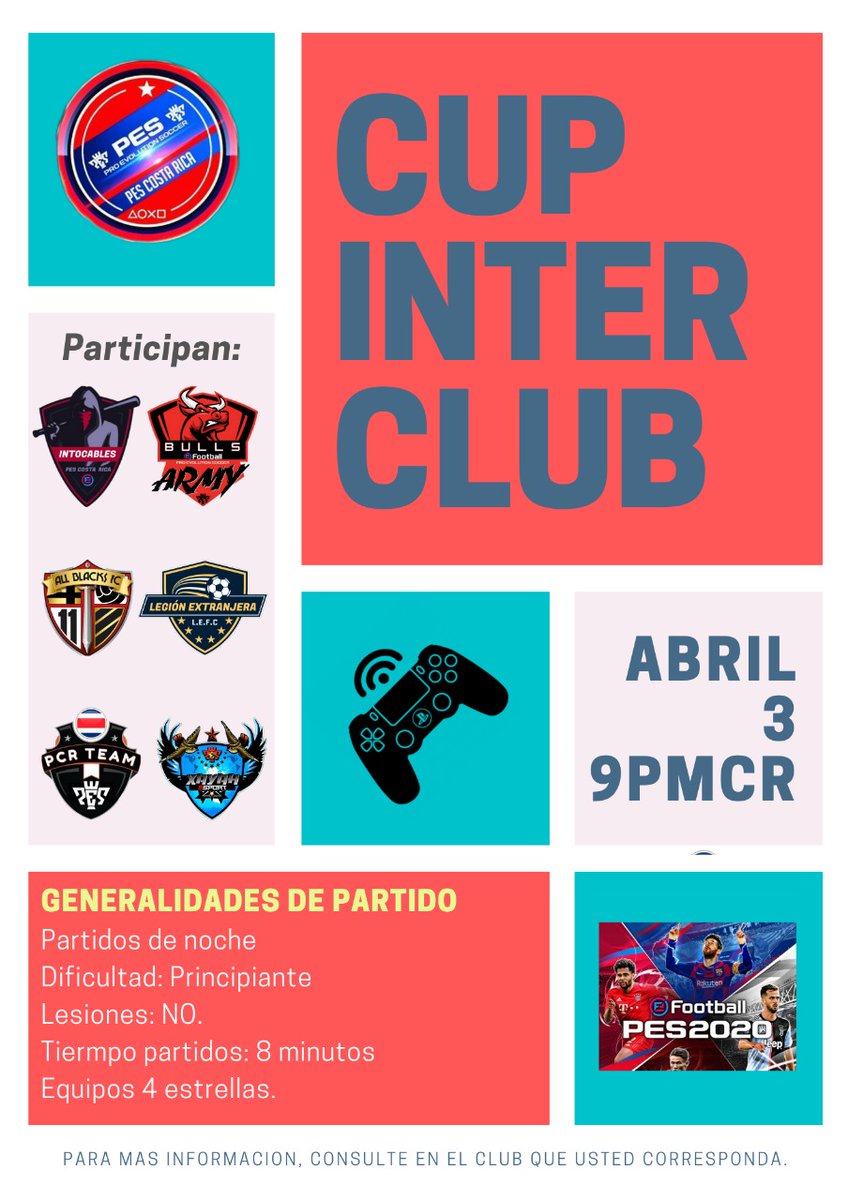 PESCosta_Rica's tweet photo. Todo listo para la primera copa interclubes #PESCostaRica
#eFootballPES2020 #PES2020
@KonamiLatAm @PESlatam #QuedateEnCasa #Xayah #PCRTeam #BullsArmy #LegionExtrangera #Intocables #AllBlacksfc @robbyearon https://t.co/yAn2c8FiEA