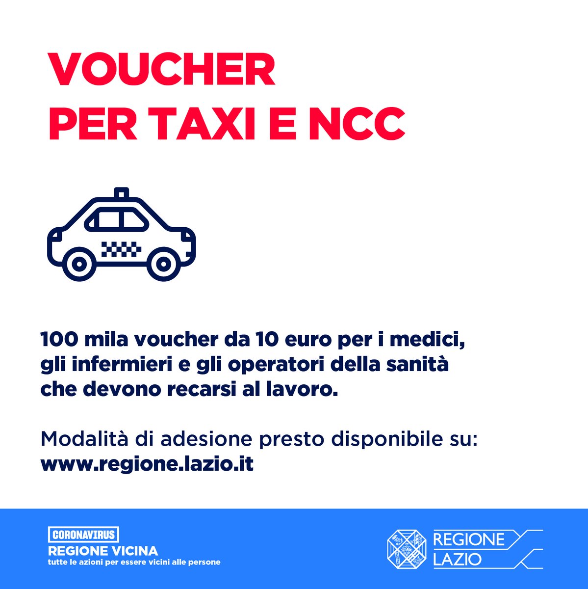 Voucher per taxi e ncc: 100 mila voucher da 10 euro per i medici, gli infermieri e gli operatori della sanità che devono recarsi al lavoro. Presto tutte le modalità di adesione #RegioneVicina #Coronavirus