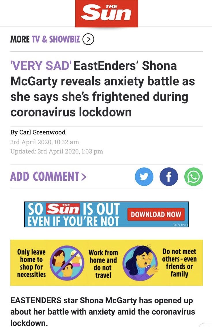 I gave an interview to the @MetroUK who accurately quoted me. I have not said I’m “anxious and frightened and very sad on my own!!” I said it’s a frightening and sad time for everyone, and as some who has suffered with anxiety, we should fearlessly speak out. Thanks @TheSun 👍