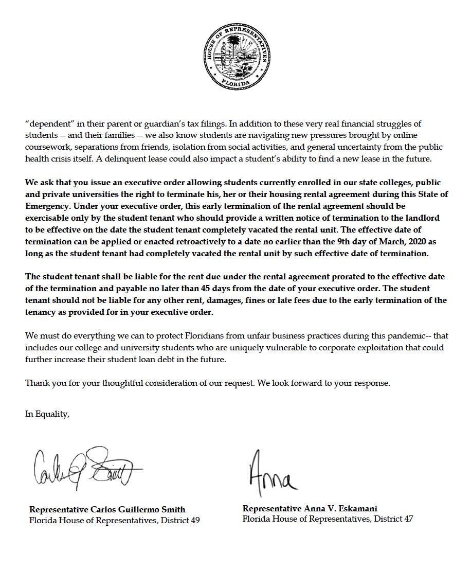 BREAKING: We've sent a joint letter w/Rep. Eskamani to <a href="/GovRonDeSantis/">Ron DeSantis</a> urging him to sign an EO letting students out of off-campus housing leases WITHOUT penalty or intimidation from landlords. Many students can't afford rent and need to #StayAtHome w/family during this pandemic.