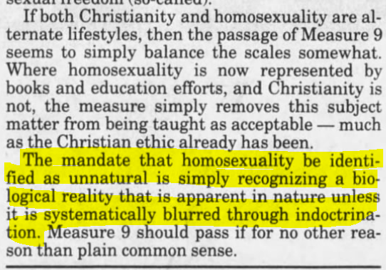"Its not bigotry, its biological reality!"The Independent-Record (Helena, Montana) 03 Sep 1995The Record (Hackensack, New Jersey) 23 Apr 2009Statesman Journal (Salem, Oregon) 30 Oct 1992