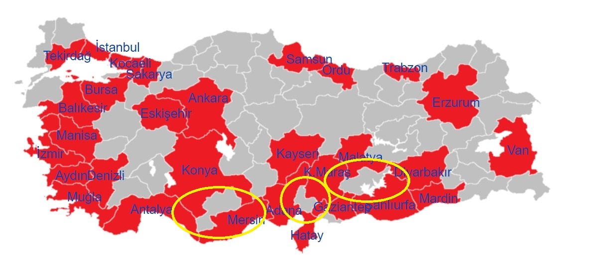 jurnav's tweet photo. 4 Nisan 2020
Renklendirilmiş ve daire içine alınmış illerde giriş çıkış yasağı uygulanmaya başlanacak.

#koronavirus #sokağacıkmayasağı https://t.co/5B4NeSWfBu