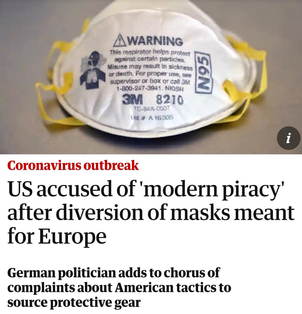 The US is being accused of "modern piracy" and "hijacking" medical supplies meant for France, Canada, Germany, and BrazilThe mask of US "global leadership" has come off, revealing the ruthless empire for all to see.