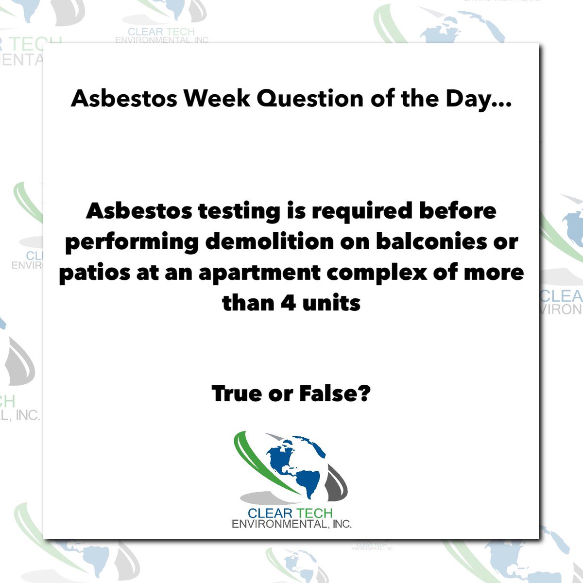 ClearTechEnv's tweet image. 7 days of asbestos trivia questions for a chance to win $100 Visa gift card. You’ll earn 1 entry into our drawing for every right answer and quadruple your chances by playing on LinkedIn, Facebook, Twitter and Instagram. Share this post on your timeline for extra credit.