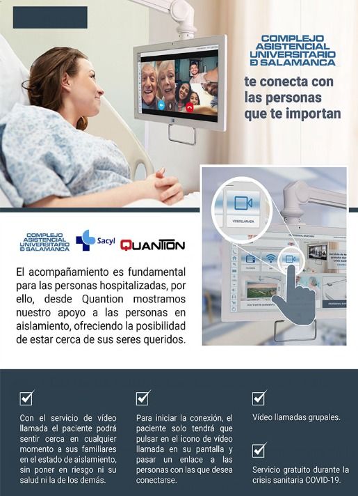 ascol_cyl's tweet image. #Quantion está ofreciendo su apoyo a las personas en aislamiento en el Hospital Clínico de Salamanca, dándoles la posibilidad de estar cerca de sus seres queridos gracias a su servicio de vídeo, totalmente gratis 😊😊. #AyudarTambienSeLlevaEnLaSangre #EsteVirusLoParamosUnidos