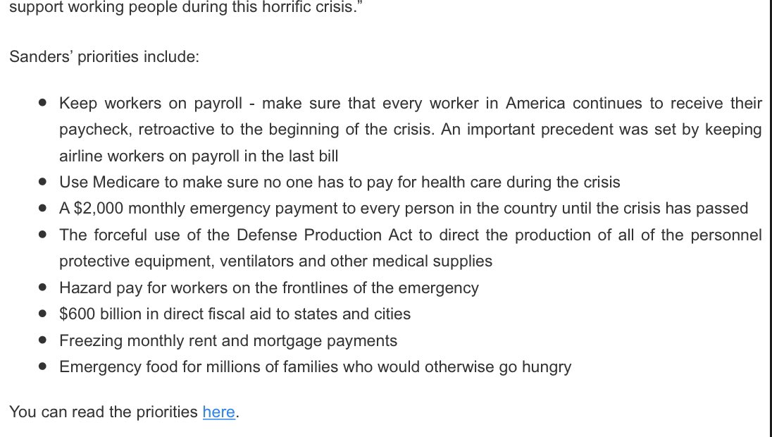 Here are more of  @BernieSanders priorities for the next stimulus package:Includes a $2k a mo “emergency payment” for every worker in America until the crisis passes.