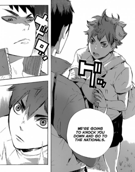 hinata's promise to kageyama is the driving arc of the whole story, so it gets put on the backburner during their time in high school, but in chapter 77 hinata promises ushijima he's going to beat him, and in chapter 188, the story makes good on that: