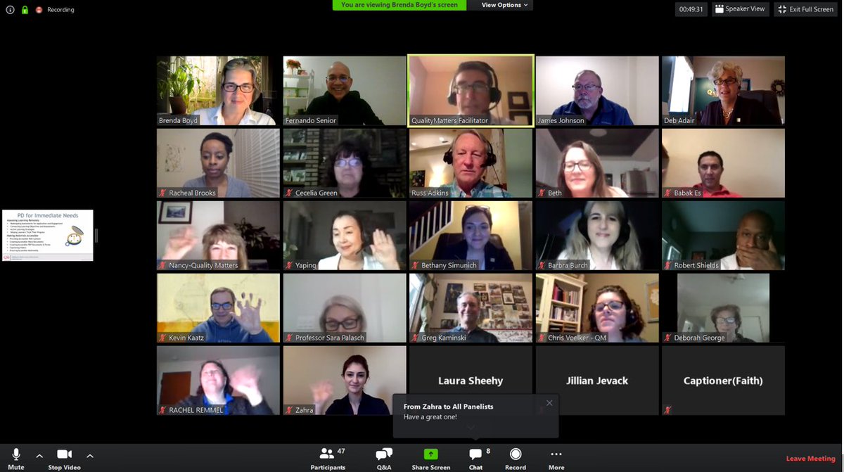 F_Senior's tweet photo. Exceptional 1rst Quality Matters Regional Virtual Conference #QMWestRegional. Ending the day with an open, warm and informative Town Hall meeting. Thank you #QMProgram. https://t.co/eGIwiZ6He8