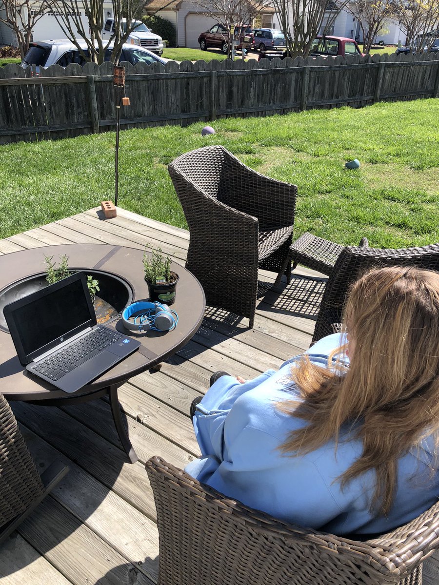 AmyODell17's tweet photo. Love ❤️ watching Alex get engaged during her google meeting for math class. Virtual learning while sitting on the back deck 👍! #VBAlwaysLearning @CLMSJETS https://t.co/2BoYkRWNV1