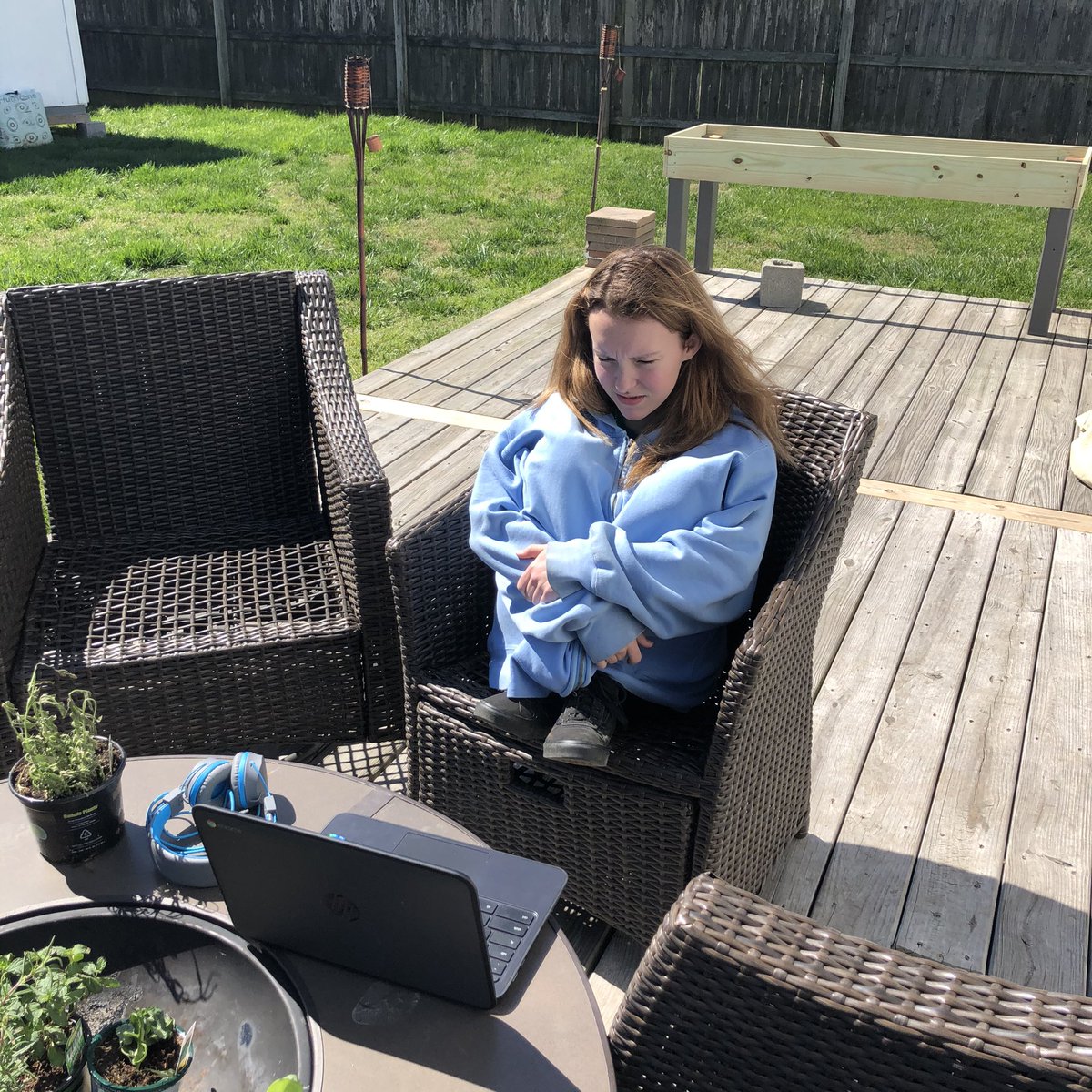 AmyODell17's tweet photo. Love ❤️ watching Alex get engaged during her google meeting for math class. Virtual learning while sitting on the back deck 👍! #VBAlwaysLearning @CLMSJETS https://t.co/2BoYkRWNV1