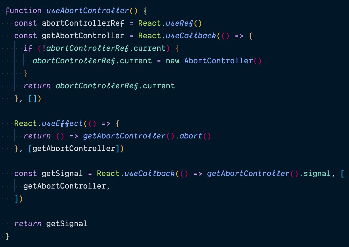 kentcdodds's tweet image. const getSignal = useAbortController()
// in an effect
fetch('/thing', {signal: getSignal()})
Now your request will be canceled on unmount. Didn't have a chance to test it out yet, but I'm pretty sure this should work.
gist.github.com/kentcdodds/b36…
